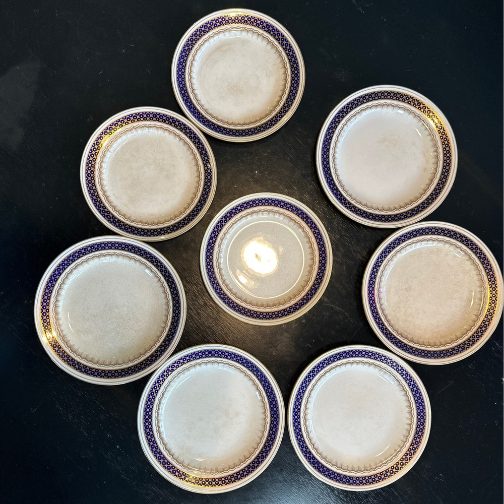Keeling & Co Losol Ware Grasmere Dessert Plates 8pc Blue‎ Gold Antique